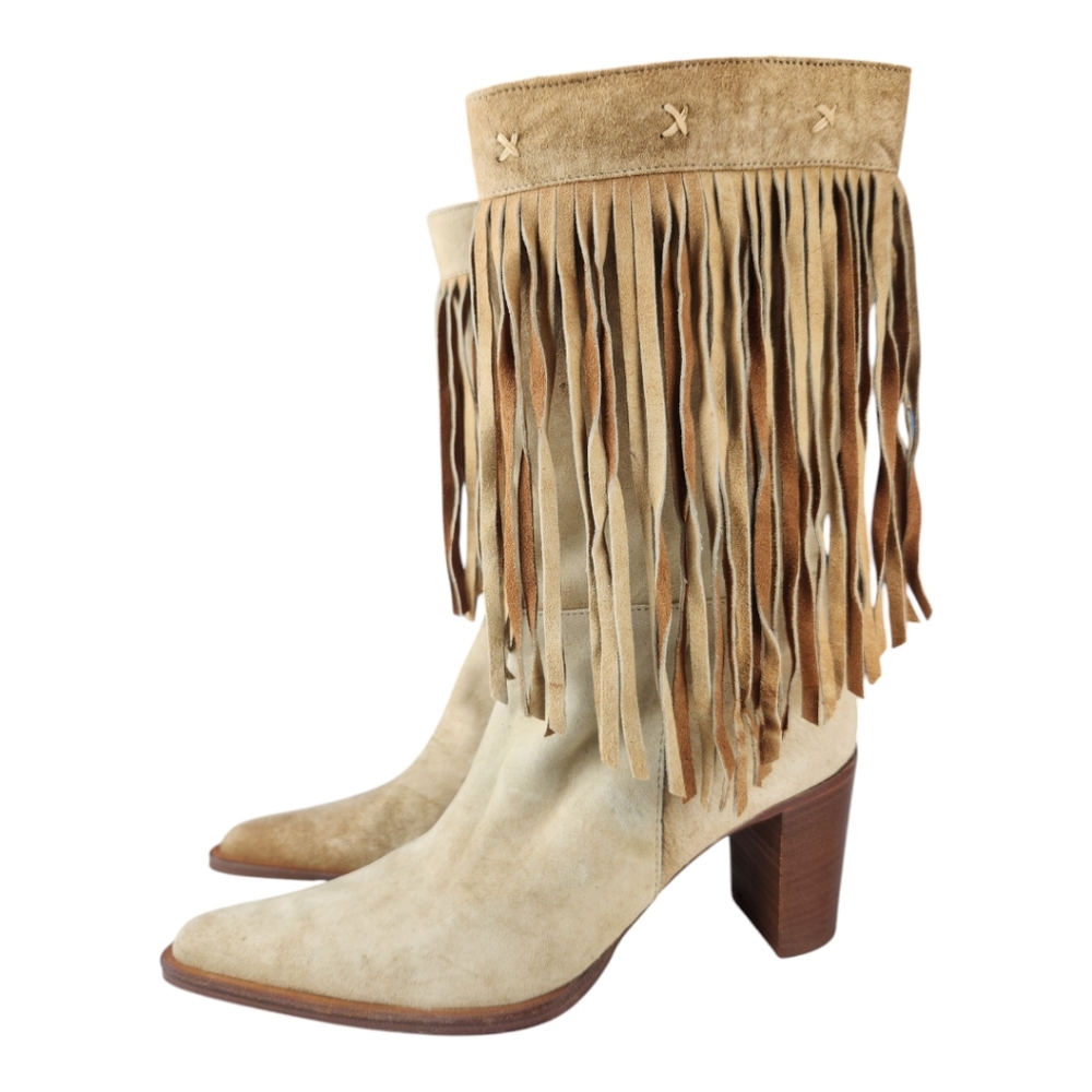 Carlos Falchi Fiorina Suede Leather Fringe Cowgirl Boots 3" Heel Mid-Cal… - Picture 3 of 10